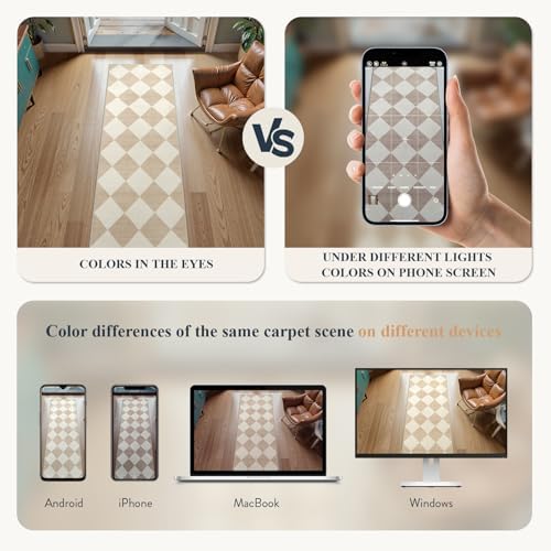 Beeiva Checkered Print Long Hallway Runner Rug Non Slip, Beige Ultra Thin 2.5x10 Washable Runner Rug, Moroccan Trellis Home Decor Faux Wool Neutral Carpet for Bathroom Kitchen Hallways, 10ft - Image 4