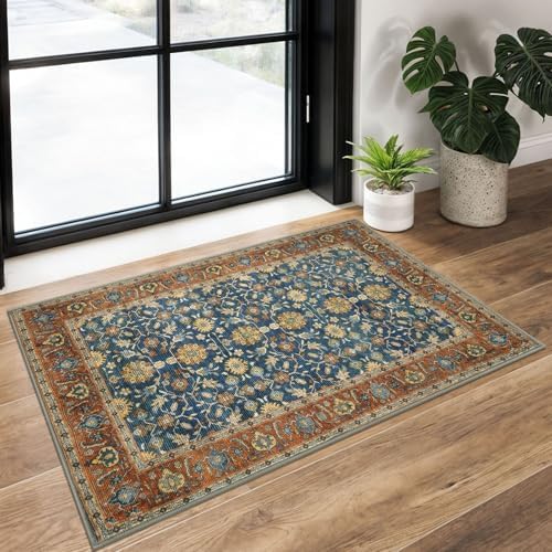 KUTA Vintage 2x3 Rugs for Entryway Washable Kitchen Rug Blue Terracotta by KUTA