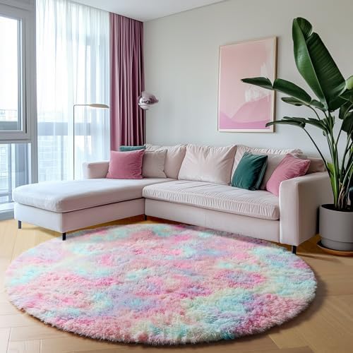 ONASAR Rainbow Round Area Rugs 5ft, Soft Bedroom Circle Rug Mats for Kids Girls Teen Room, Kawaii Fluffy Plush Shaggy Carpet for Dorm Nursery Living Room Playroom Home Decor Princess Castle - Image 5