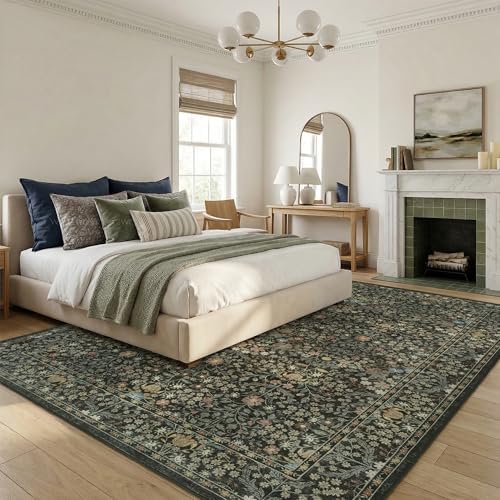 Black Floral Living Room Rug 5x7 Area Rug - Vintage Forest Washable Rug for Dining Room, Bedroom, Ultra Soft Low Pile Non Slip Stain Resistance Distressed Boho Farmhouse Flower Carpet - Image 5