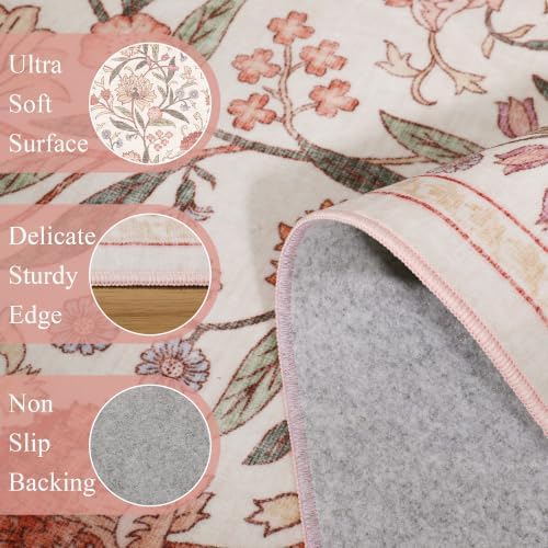 DUKINO 4x6 Area Rug, Washable Vintage Floral Rug for Living Room Beige Pink - Image 6