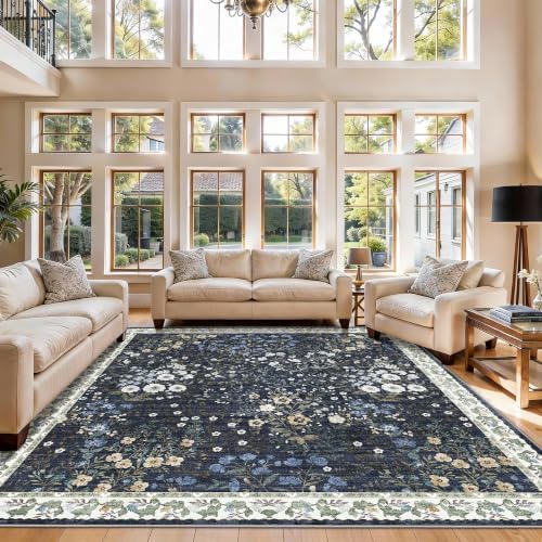 8x8 Square Area Rug Living Room, Non-Slip Floral Washable 8ft Square Rug Low Pile Thin Indoor Carpets for Dining Room Bedroom Office High Traffic Area Boho Vintage Home Decor (8ft Square, Blue) by YOUFORTONG