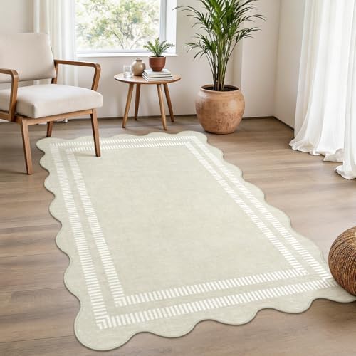 Washable 3x5 Indoor Entryway Rug, Neutral Beige Soft Non Slip Rugs Stain Resistant Scalloped Carpet for Bedroom Kitchen Nursery Home Office by LORWER