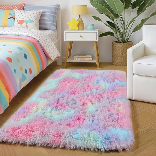 Amdrebio Rainbow Unicorn Pastel Small Mini Area Rug 2x3 for Kids Bedroom by Amdrebio