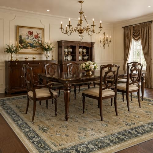 Boho 7x10 Living Room Rug - Washable Rustic Brown and Charcoal Olive Bedroom Area Rug, Modern Vintage Dining Room Carpet, Non-Slip Stain & Fade Resistant - Image 6