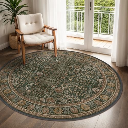Bavni 5ft Round Area Rug 5x5, Washable Non Slip, Dark Green Brown - Image 3