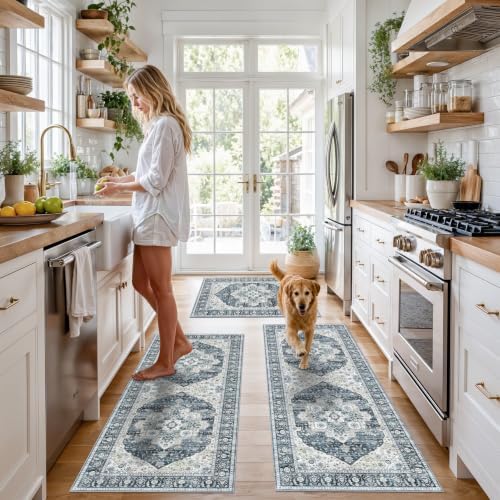 Kitchen Mats for Floor 3 Piece Set: Non-Slip Washable Boho Area Rugs and Runner for Sink,Entryway,Bathroom Soft Low Pile Throw Rugs Floor Carpet for Laundry, Hallways,Entrance(Blue,2x3+2x4+2x5) - Image 3