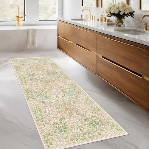 Hazo Haus Non Slip Beige Green Runner Rug - Long Runner Rugs 24 x 72 Washable Rug for Kitchen Floor Mat, Bathroom, Laundry Room, Hallway - Vintage Floral Design Décor (2x6 Beige Green) - Image 3