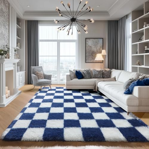 KICMOR Large Area Rug for Living Room 6x9, Big Fluffy Shag Fuzzy Navy Blue and Cream White Checkered Rugs Soft Plush Carpet for Bedroom, Cute Shaggy Rug for Kids Boys Girls Room Nursery Home Decor by KICMOR