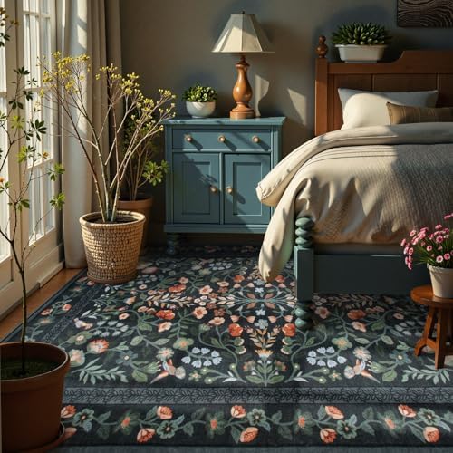 Lahome Black Floral Washable Area Rug 5x7, Vintage Boho Carpet - Image 6