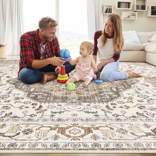 Area Rug for Living Room - 8x10 Soft Washable Oriental Vintage Floral Distressed Large Carpet - Fade Stain Resistant Non Slip Rugs for Bedroom Dining Room Nursery Dorm Office Home Decor-Camel/Beige - Image 5