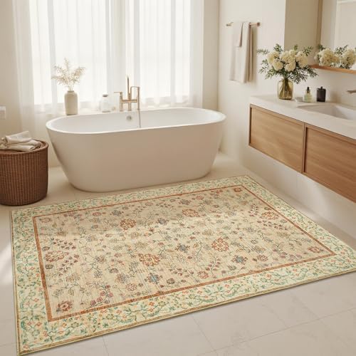 Goideal Beige Rug for Girls Room, 5x7 Floral Washable Area Rug Non Slip, Boho Low Pile Carpet with Rubber Backing for Bedroom Living Room Bathroom Playroom Nursery Office - Image 5