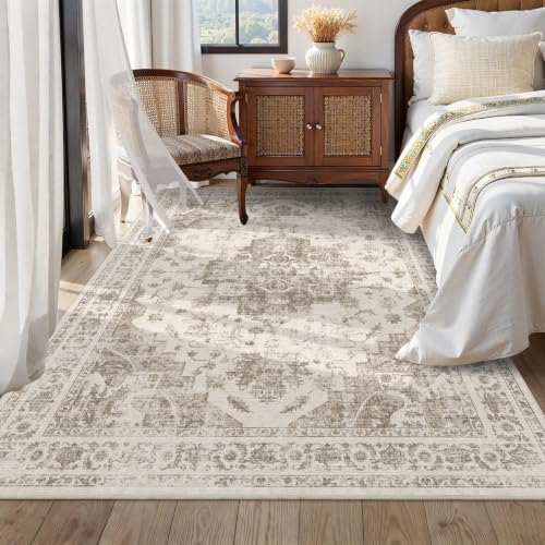 5x7 Washable Bedroom Area Rug Non-Slip Medallion Taupe Throw Carpet - Image 2