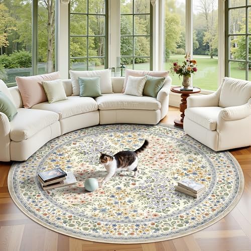 6FT Round Area Rugs, Machine Washable Low Pile Floral Rugs for Living Room, Bedroom, Large Boho Area Rug with Non-Slip Backing for Dining Room(Beige Floral) by Yarooge