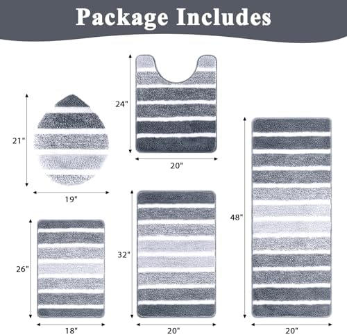 Yamaziot Grey Bathroom Rug Set 5 Piece Washable Non Slip Striped Bath Mat - Image 2