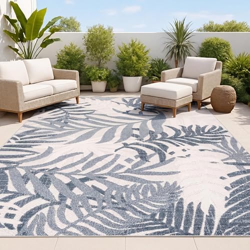 JONATHAN Y Tropics Palm Leaves Indoor Outdoor Area Rug 4X6 Cream/Dark Blue by JONATHANY