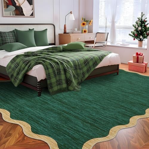 GarveeHome Washable Rug 9x12 Area Rug for Bedroom Farmhouse Scalloped Living Room Rug Non Slip Large Area Rug Low Pile Throw Rugs Stain Resistant Carpet for Dining Room, Green 9 ft x12 ft - Image 2