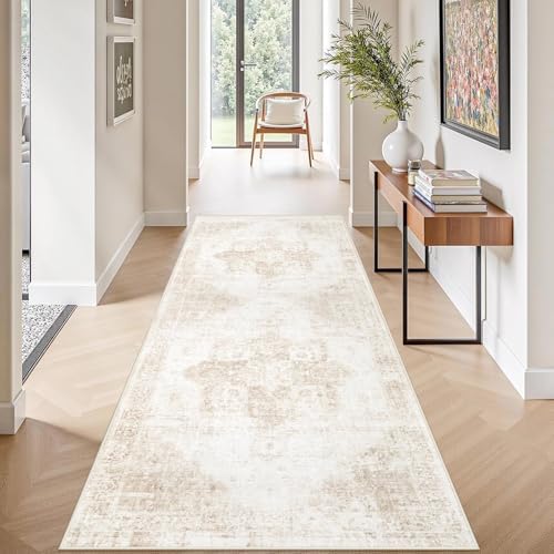 Runner Rug 2x6 Washable Rug, Vintage Boho Medallion Hallway Runner Non-Slip Soft Low Pile Distressed Floor Carpet Retro Doormat for Kitchen Bedroom Laundry Entryway Bathroom (Beige, 2'x6') by VECARF