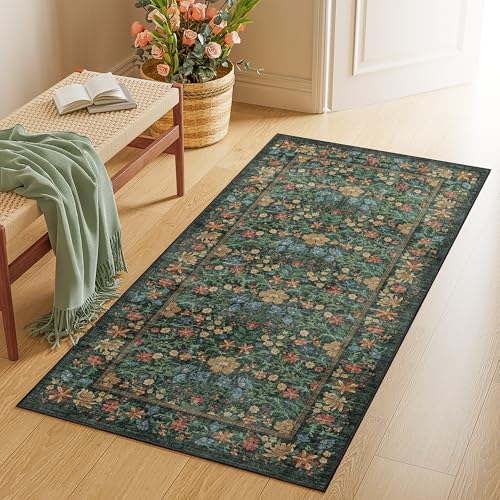 DUKINO 2x4 Rug, Washable Vintage Floral Bathroom Runner Rug, Green by DUKINO