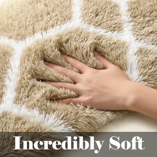 Area Rugs for Living Room, 5x8 Fluffy Beige and White Bedroom Geometric Rug - Image 2