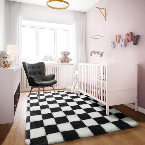 KICMOR Area Rugs for Bedroom Living Room, 4x6 Black and White Fluffy Soft Checkered Rug Fuzzy Shag Shaggy Carpet, Indoor Plush Floor Rugs for Kids Boys Girls Teen Dorm Nursery Home Decor Aesthetic - Image 5