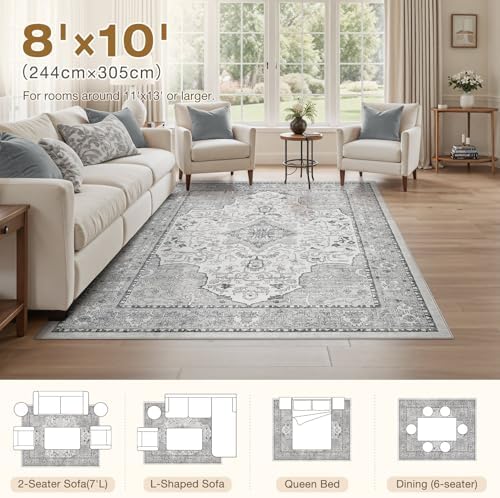 cotiled Vintage Washable Area Rug 8x10 Non Slip Rugs for Living Room Grey - Image 7