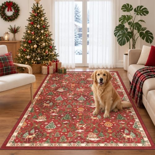 3x5 Christmas Non-Slip Area Rug, Red Washable Vintage Entryway Rug by Soalmost