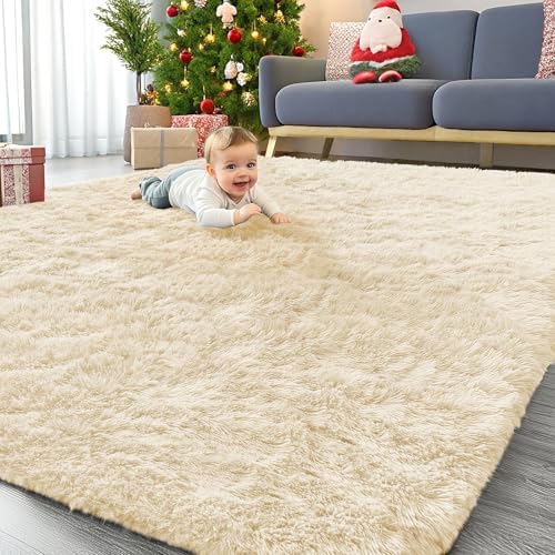OLANLY 8x10 Machine Washable Large Area Rugs for Living Room, Bedroom, Soft Fluffy Shaggy Bedside Rug, Indoor Floor Carpet for Kids Girls and Boys, Dorms, Nursery, Home Decor Aesthetic, Cream by OLANLY