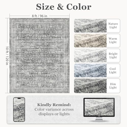 Vintage Grey 8x10 Area Rugs for Living Room, Retro Gray Neutral Rug for Bedroom Dining Room, Low Pile Thin Washable Non Slip Room Rug for Home Office Family Room - Image 2