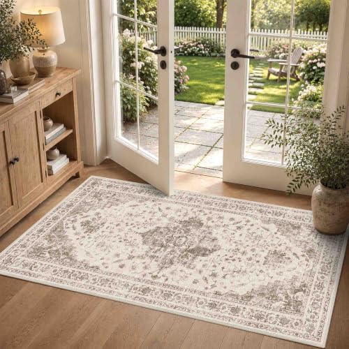 2x4 Washable Entryway Area Rug Non-Slip Medallion Taupe Door Mat by HOME