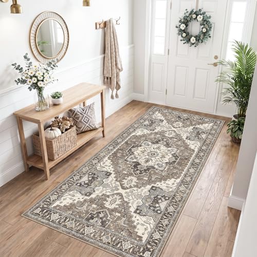 Hallway Washable 3x7 Runner Rug: Non-Slip Kitchen Rugs with Rubber Backing for Entryway Living Room Vintage Low Pile Stain Resistant Carpet for Bedroom Soft Thin Home Decor Mat for Bathroom(Beige,3x7) - Image 3