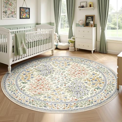 6FT Round Area Rugs, Machine Washable Low Pile Floral Rugs for Living Room, Bedroom, Large Boho Area Rug with Non-Slip Backing for Dining Room(Beige Floral) - Image 4
