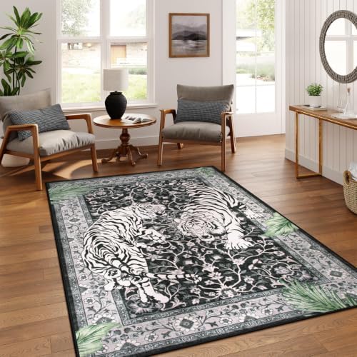 Moynesa Tiger 5x7 Area Rugs, Boho Washable Rugs for Living Room, Vintage Soft Dining Room Rug, Non Slip Ultra Thin Stain Resistant Large Floor Carpet for Office Bedroom, Black by Moynesa