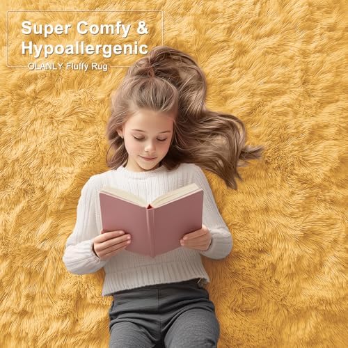 OLANLY 2x4 Machine Washable Runner Rugs for Hallway, Soft Fluffy Shaggy Bedside Rugs for Bedroom, Living Room, Indoor Floor Carpet for Kids Girls and Boys, Home Decor Aesthetic, Mustard Yellow - Image 6