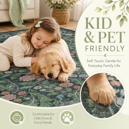 Floral Indoor Entrance 3x5 Area Rug, Washable Vintage Boho Entryway Rugs, Low Pile Non Slip Soft Carpet for Kitchen, Bedroom Beside, Laundry Room, Office Rug, Kids Room, Nursery Room， Green - Image 4
