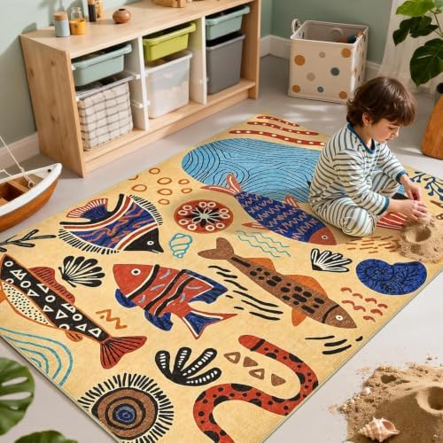 jinchan 5x7 Coastal Area Rug Washable Kids Rug Colorful Ocean Fish Mat, Tan by JINCHAN