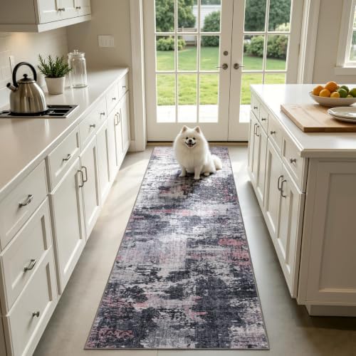 Sasttie 2x10 Runner Rug, Modern Abstract Hallway Carpet, Black & Pink by SASTTIE