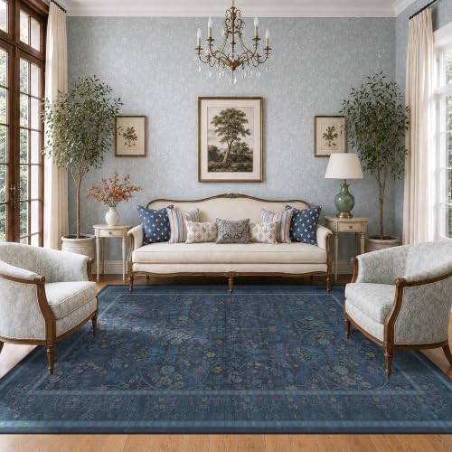 Navy Blue 6x8 Washable Area Rug for Living Room, Low Pile Soft Non Slip Rugs for Dining Room Bedroom, Vintage Floral Carpet by Evyhood