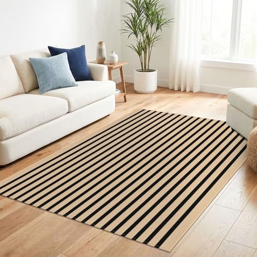 KILOCOCO Striped Rug 4x6 ft Washable Woven Front Door Rug, Brown and Black - Image 2