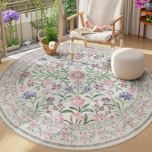 Wonnitar Floral Washable Round Rugs 6ft, Purple Circle Rugs for Bedroom Girls Dorm, Ultra-Thin Non Slip Boho Carpet for Nursery Girls Room Decor Living Room Playroom, Light Purple/Pink by Wonnitar
