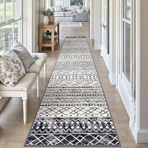 KUTA Moroccan Boho Geometric Washable Runner Rug 2x10 Black Navy Blue - Image 4