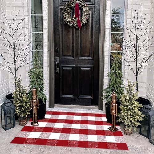 Christmas Plaid Outdoor Rug, 2'4" x 3'7" Red&White Check Indoor/Outdoor Area Rug, Layering Rug for Hello/Welcome Door Mat, Machine Washable Cotton Woven Rug for Farmhouse Front Porch,Entryway - Image 4
