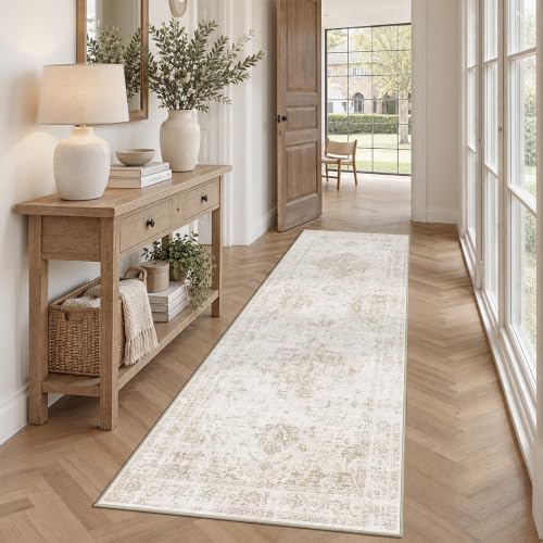 Washable 2.6x8 Kitchen Runner Rug Soft Medallion Neutral Beige Carpet by HOME