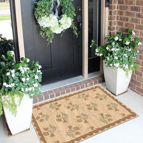 Front Door Mat Indoor Outside Entrance 2x3 Tan Floral Scalloped Rug - Image 4