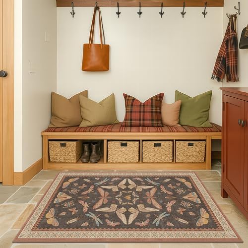 Boho Brown Farmhouse Rug 3x4, Soft Low Pile Entryway Carpet for Kitchen, Bedroom, Mudroom & Laundry Room, Vintage Insect Home Décor by HazoHaus