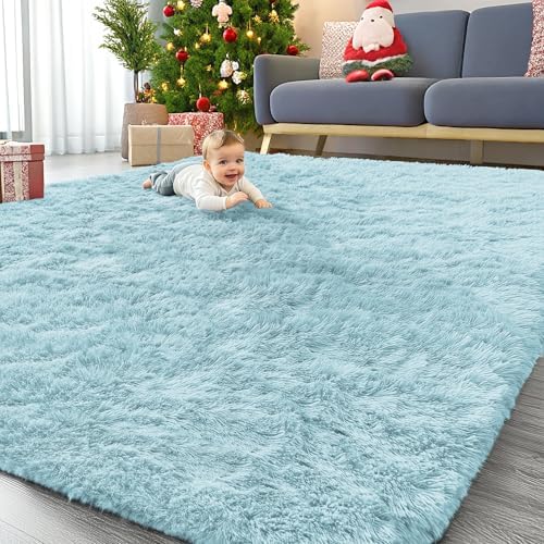 OLANLY 9x12 Machine Washable Large Area Rugs for Living Room, Bedroom, Soft Fluffy Shaggy Bedside Rug, Indoor Floor Carpet for Kids Girls and Boys, Dorms, Nursery, Home Decor Aesthetic, Light Blue by OLANLY