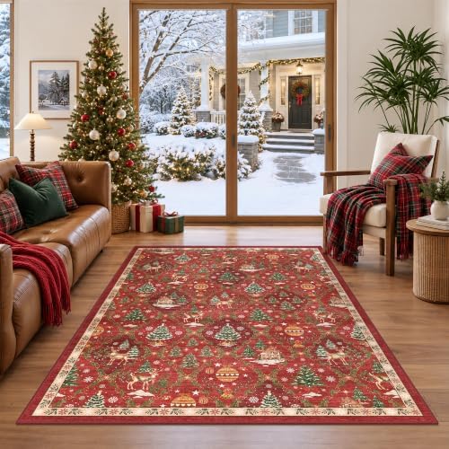 5x7 Non Slip Area Rugs for Living Room, Red Christmas Rug for Bedroom by Soalmost