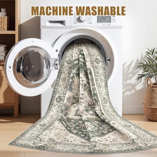 Area Rug for Living Room - 6x9 Washable Oriental Vintage Floral Large Soft Carpet - Fade Stain Resistant Non Slip Rugs for Bedroom Dining Room Nursery Dorm Office Home Decor - Vintage Green - Image 2