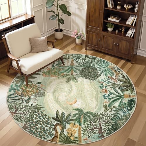 GarveeHome Round Area Rugs 5ft for Bedroom, Green Jungle Washable Circle Rug Soft Non Slip Forest Animal Print Floor Mat Tiger Carpet Indoor Thin Rug for Kids Room Dining Room Playroom Nursery - Image 7