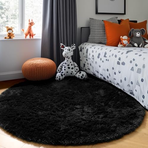 Black Round Rug 4Ft Area Rug, Cute Circle Rugs for Kids Bedroom Living Room - Image 5